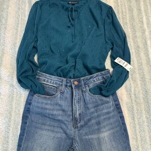 I.N.C. International Concepts Mosaic Green Blouse with Tie Front